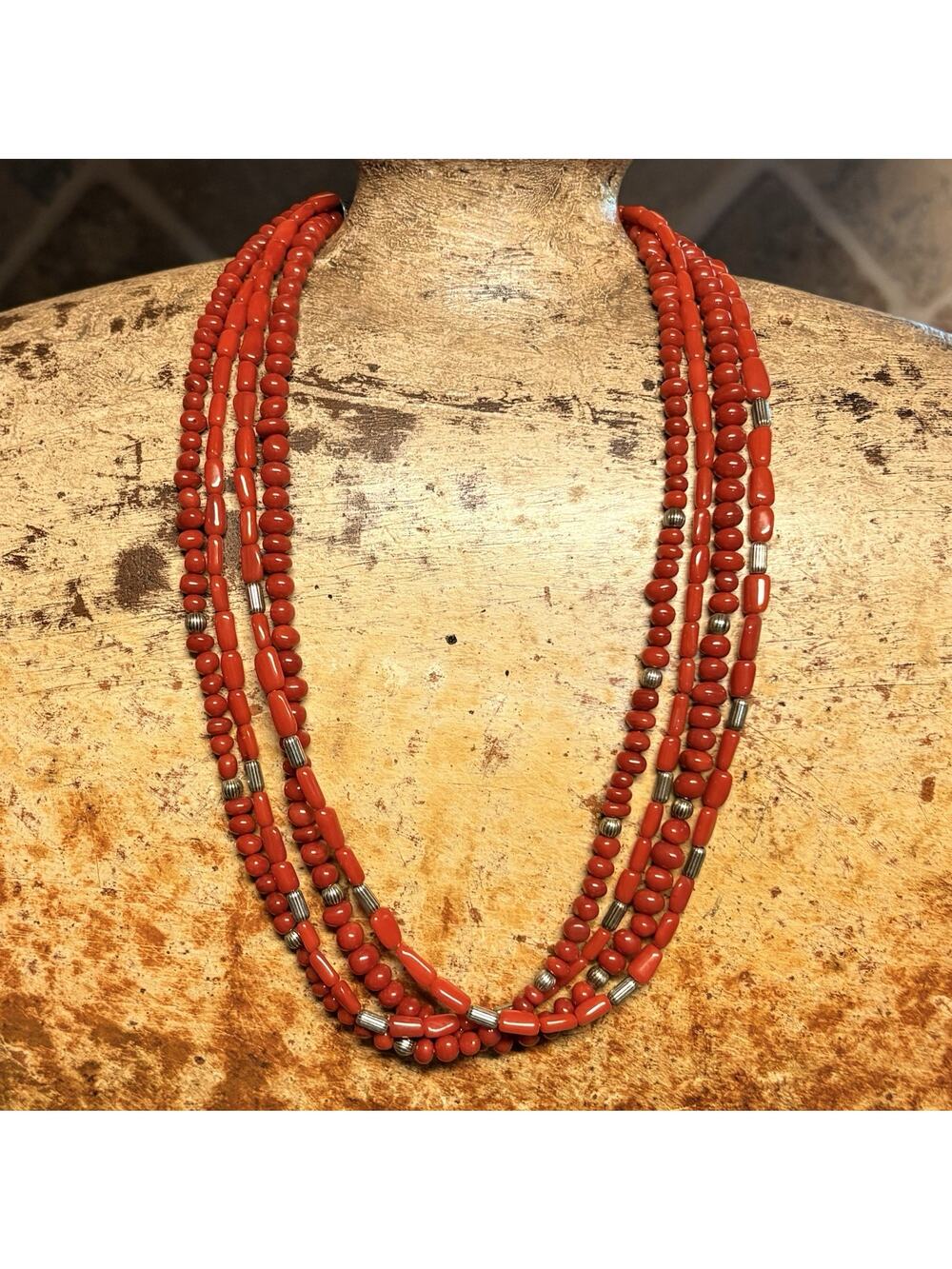 Shube's Dakota West Necklace Sterling Silver & Red Coral Multi Strand Vintage
